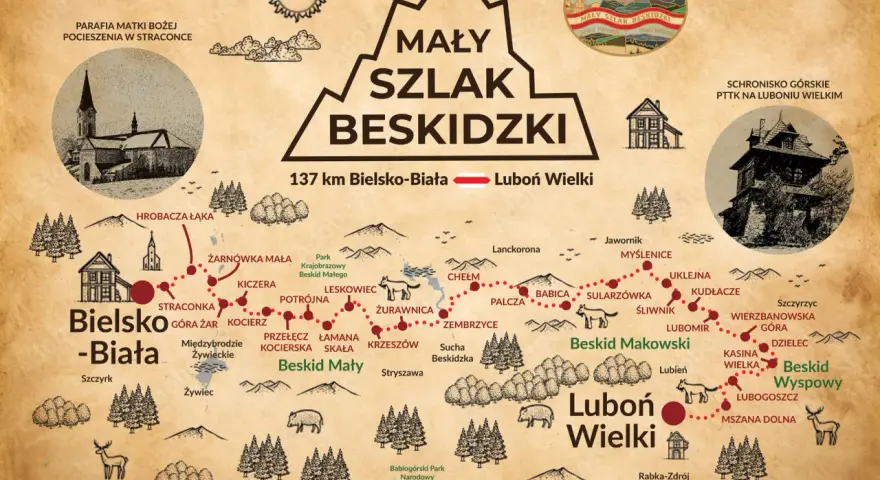 Mapa "Mały Szlak Beskidzki" z zaznaczonymi trasami, schroniskami i miejscowościami. W tle widok na Beskid Wyspowy, który jest koroną Beskidu Wyspowego.