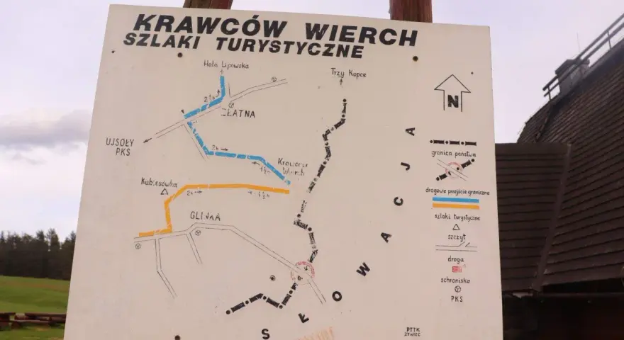 Mapa szlaków turystycznych Krawców Wierch. Wskazuje trasy do Hali Lipowskiej, Trzech Kopców, Glinki i Kubiesówki.