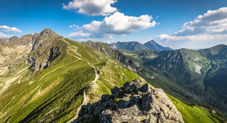 Szlak turystyczny wije się po zielonych zboczach, prowadząc w stronę Kasprowego Wierchu. W oddali widać kolejne pasma górskie Tatr.