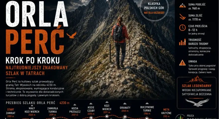 Kobieta na szlaku Orla Perć, najtrudniejszym w Tatrach. Widok na skaliste góry i przepaście.