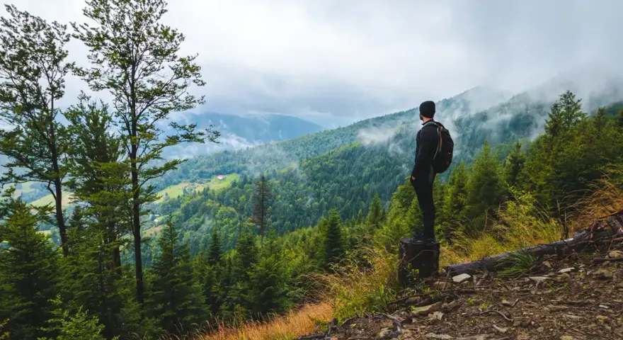 Mężczyzna z plecakiem podziwia mglisty górski krajobraz. To właśnie jest trekking – odkrywanie natury pieszo.