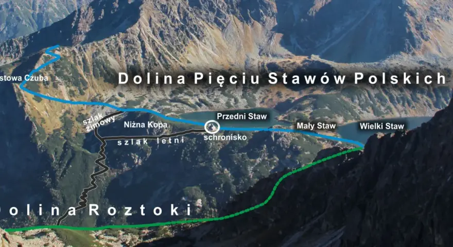 Widok na Dolinę Pięciu Stawów Polskich z zaznaczonymi szlakami. Widać Przedni, Mały i Wielki Staw.