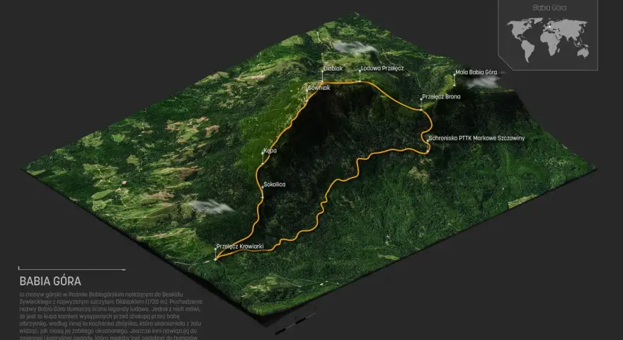 Trójwymiarowa mapa szlaków turystycznych na Babiej Górze, z zaznaczonymi szczytami i przełęczami.