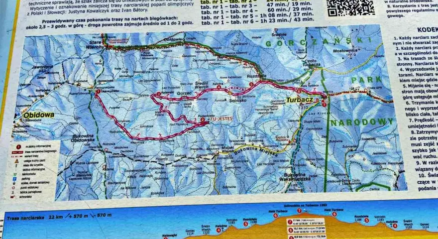 Trasa narciarska z Obidowej na Turbacz, 22 km, 570 m przewyższenia. Idealna dla biegaczy, z pięknymi widokami.