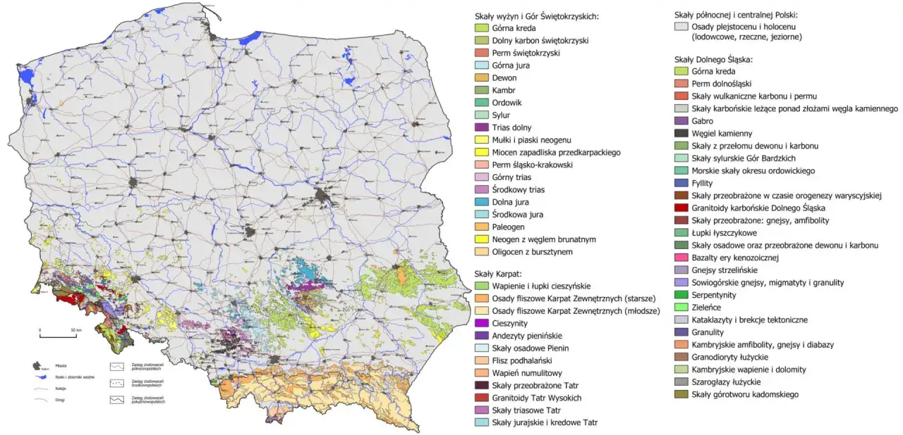 Mapa geologiczna Polski. Kolory wskazują r&oacute;żne rodzaje skał, odzwierciedlając historię geologiczną, w tym jak powstały Tatry.