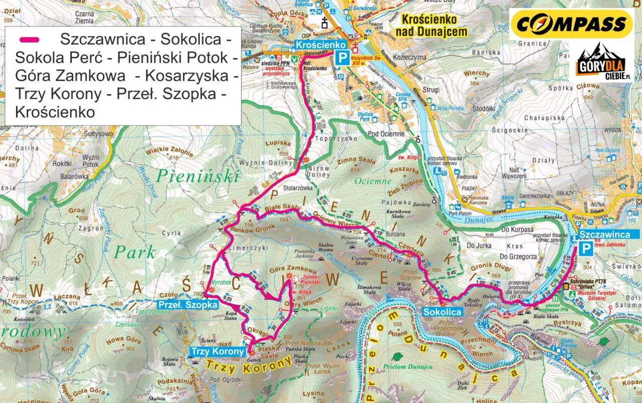 Trzy Korony i Sokolica w jeden dzień: mapa szlaków Pienin. Trasa: Szczawnica, Sokola Perć, Trzy Korony, Krościenko.