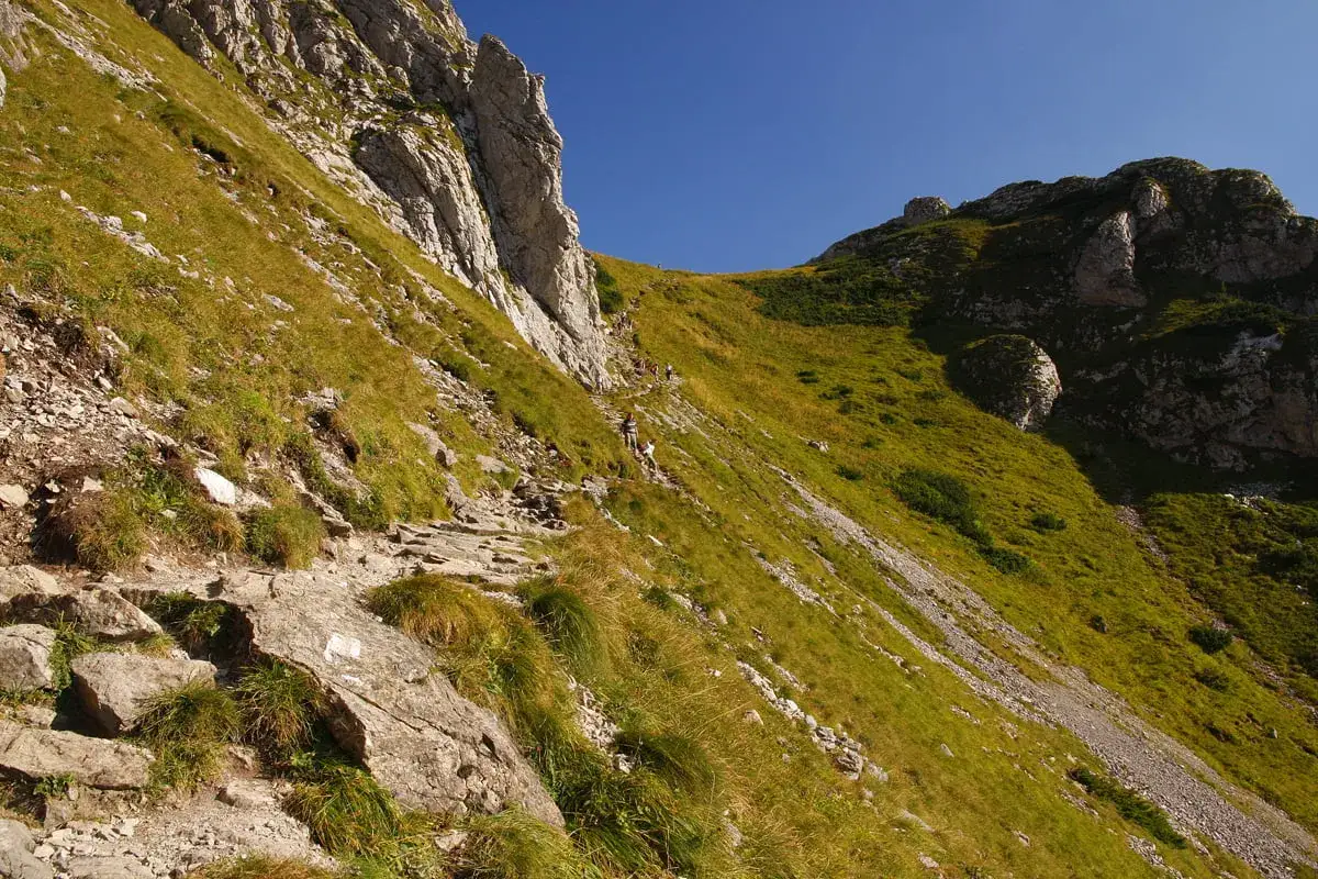 Kamienista ścieżka, czerwony szlak na Giewont, wije się po zielonym zboczu. W oddali widać turystów.