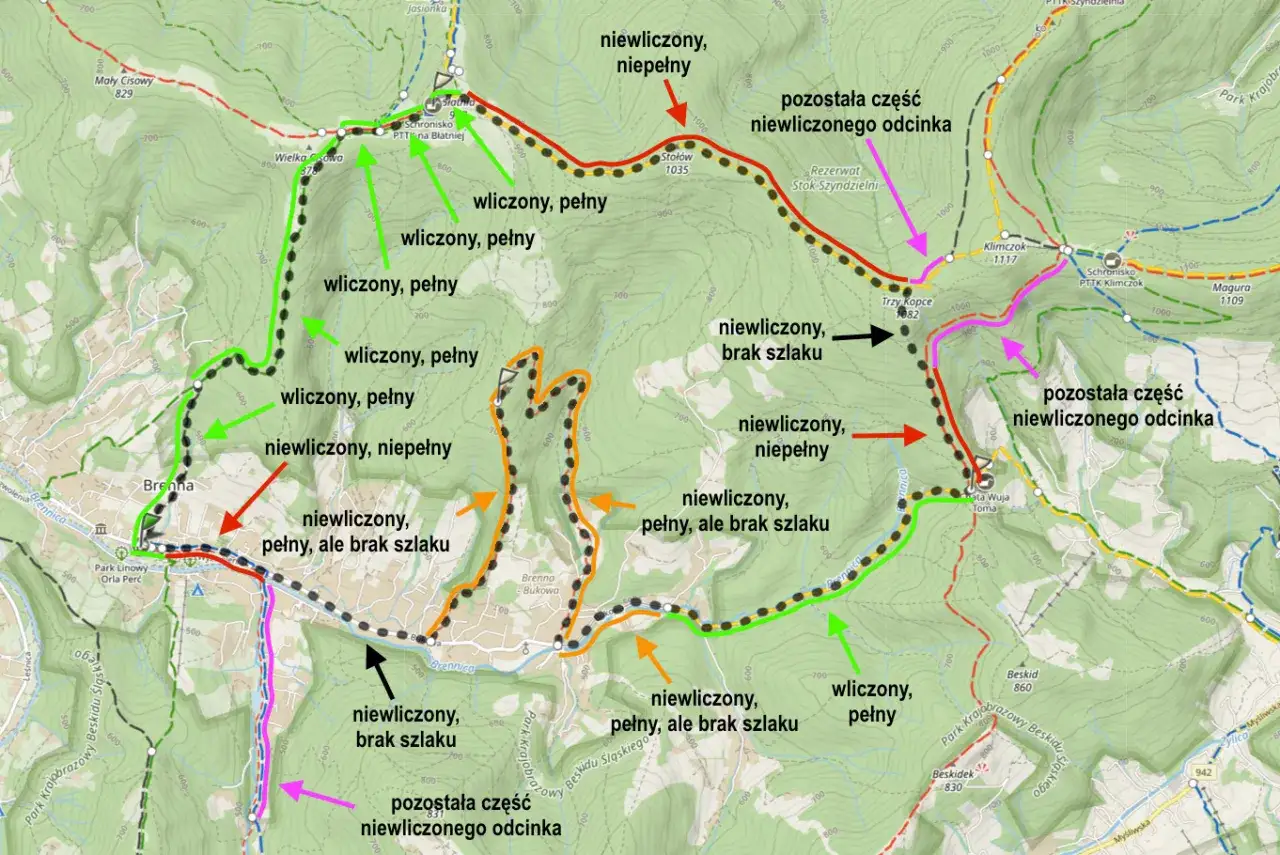Mapa szlaków górskich z zaznaczoną trudnością: zielone to wliczone, pełne; pomarańczowe i czerwone to niewliczone, z różnym stopniem trudności i brakiem szlaku.