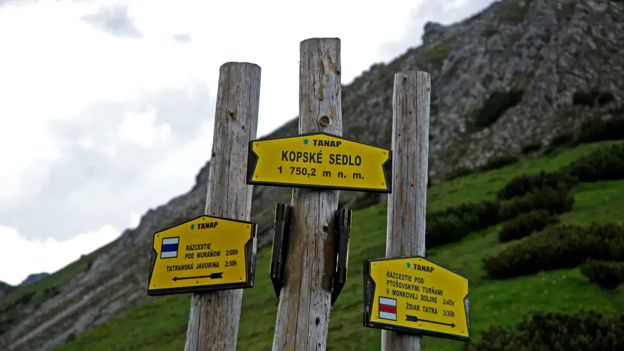 Rozdroża szlaków w Tatrach Bielskich. Znaki wskazują drogę na Kopské sedlo (1750 m n.p.m.), do Tatrzańskiej Jaworzyny i na Żdiar.