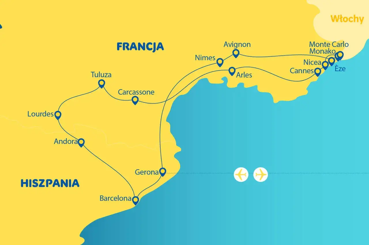 Mapa pokazuje trasę przez Francję i Hiszpanię, zaznaczając miasta takie jak Lourdes, Tuluza, Carcassonne, Barcelona i Gerona. Widać, gdzie leżą Pireneje, łącząc oba kraje.