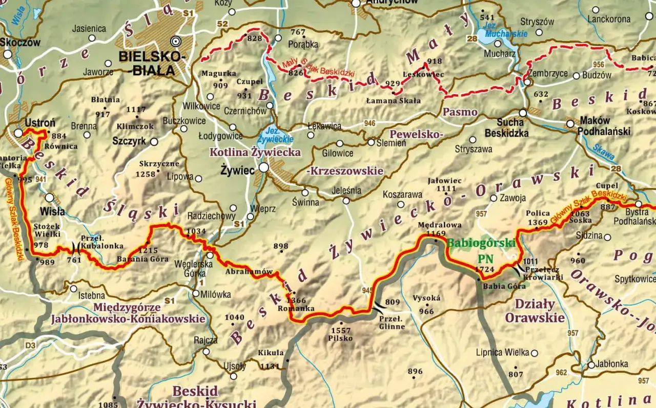 Mapa szlaków Beskidu Śląskiego i Żywieckiego, w tym najdłuższy szlak w Polsce - GSB. Widoczne miejscowości: Wisła, Żywiec, Babia Góra.
