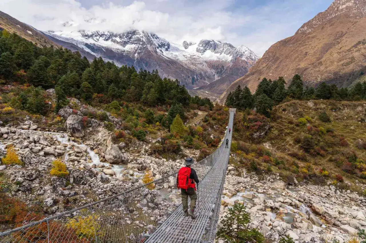 Turyści na wiszącym moście podczas Manaslu Circuit Trek. W tle ośnieżone szczyty i jesienna roślinność.