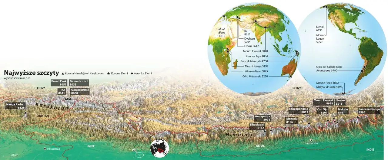 Mapa najwyższych szczytów świata, w tym Mount Everest, K2 i inne w Himalajach.