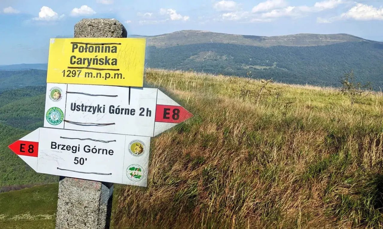 Tabliczki kierunkowe na szlaku na Połoninę Caryńską. Wskazują drogę do Ustrzyk Górnych i Brzegów Górnych.