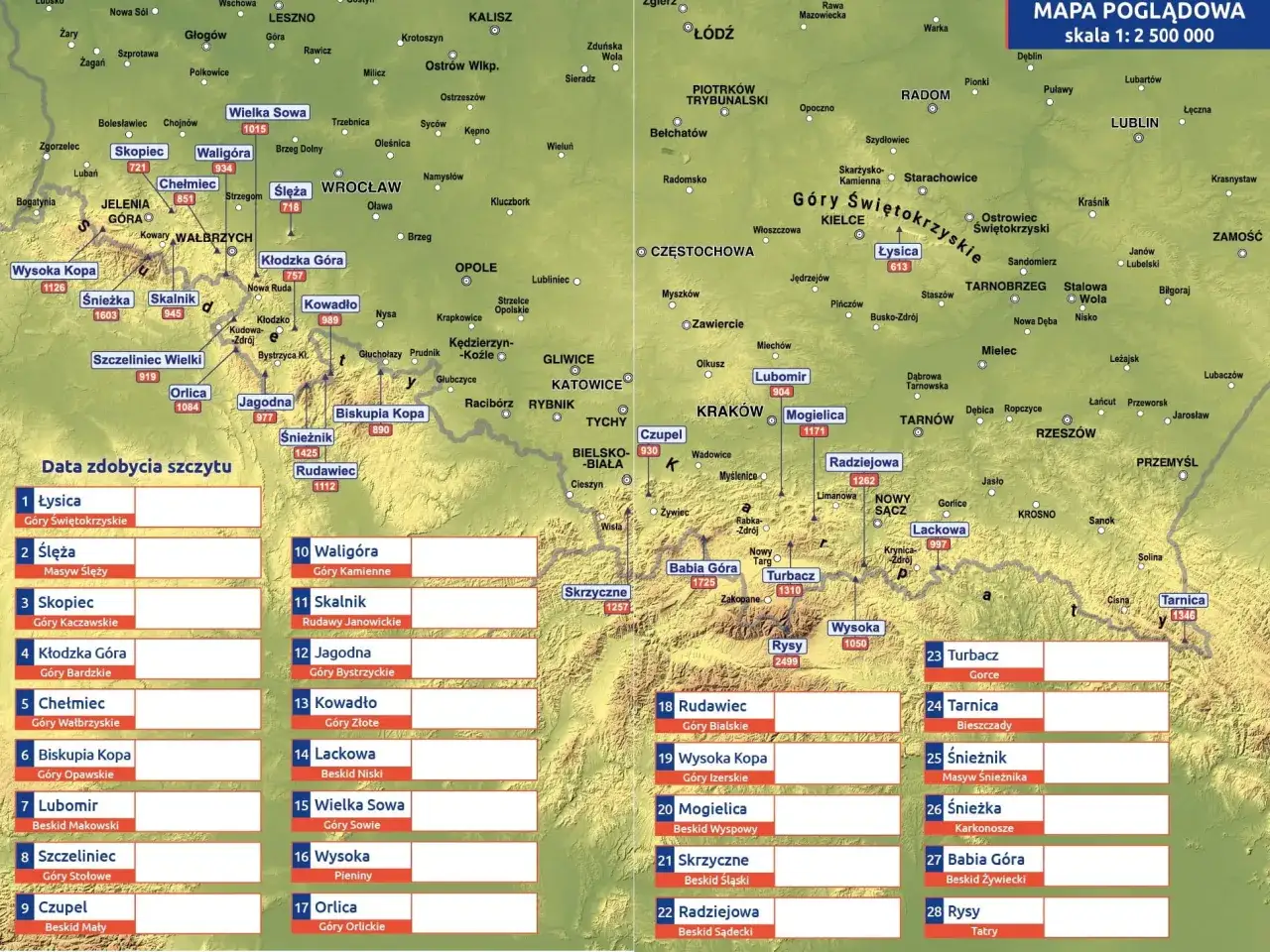 Mapa przedstawia korona gór polskich, z zaznaczonymi szczytami i ich wysokościami.