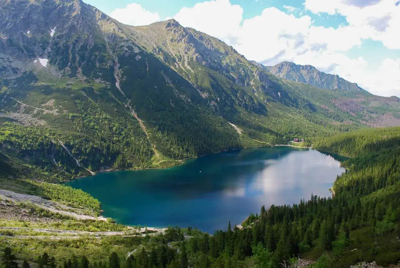 Górskie, turkusowe Morskie Oko otoczone zielonymi lasami i skalistymi szczytami.