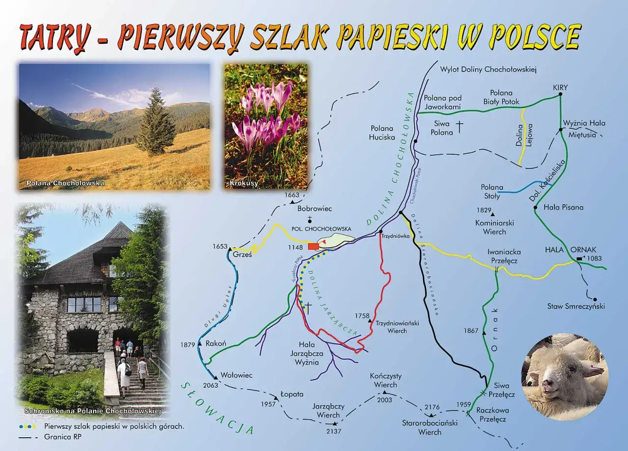 Mapa Tatr z zaznaczonym szlakiem papieskim, obejmującym Dolinę Chochołowską i Jarząbczą. Widoki górskie, krokusy, schronisko.