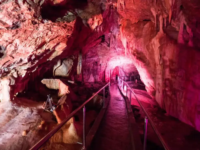 Wnętrze jaskiń w Tatrach, oświetlone różowym światłem, z kamienną ścieżką i poręczą dla turystów.
