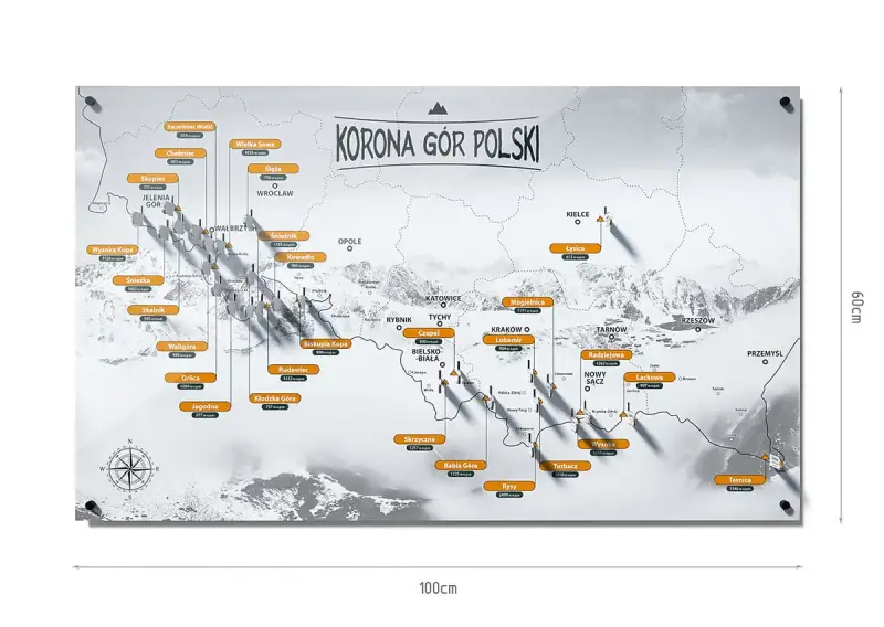 Mapa przedstawiająca Koronę Gór Polski z zaznaczonymi szczytami i ich wysokościami.
