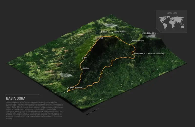 Trójwymiarowa mapa szlaków turystycznych na Babiej Górze, z zaznaczonymi szczytami i przełęczami.